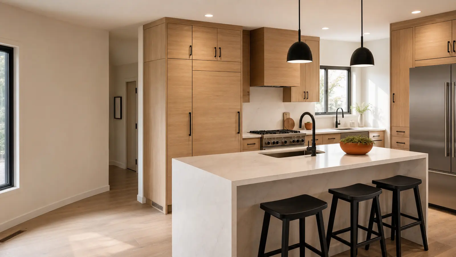 Finished kitchen renovation with warm wood cabinets and a waterfall island